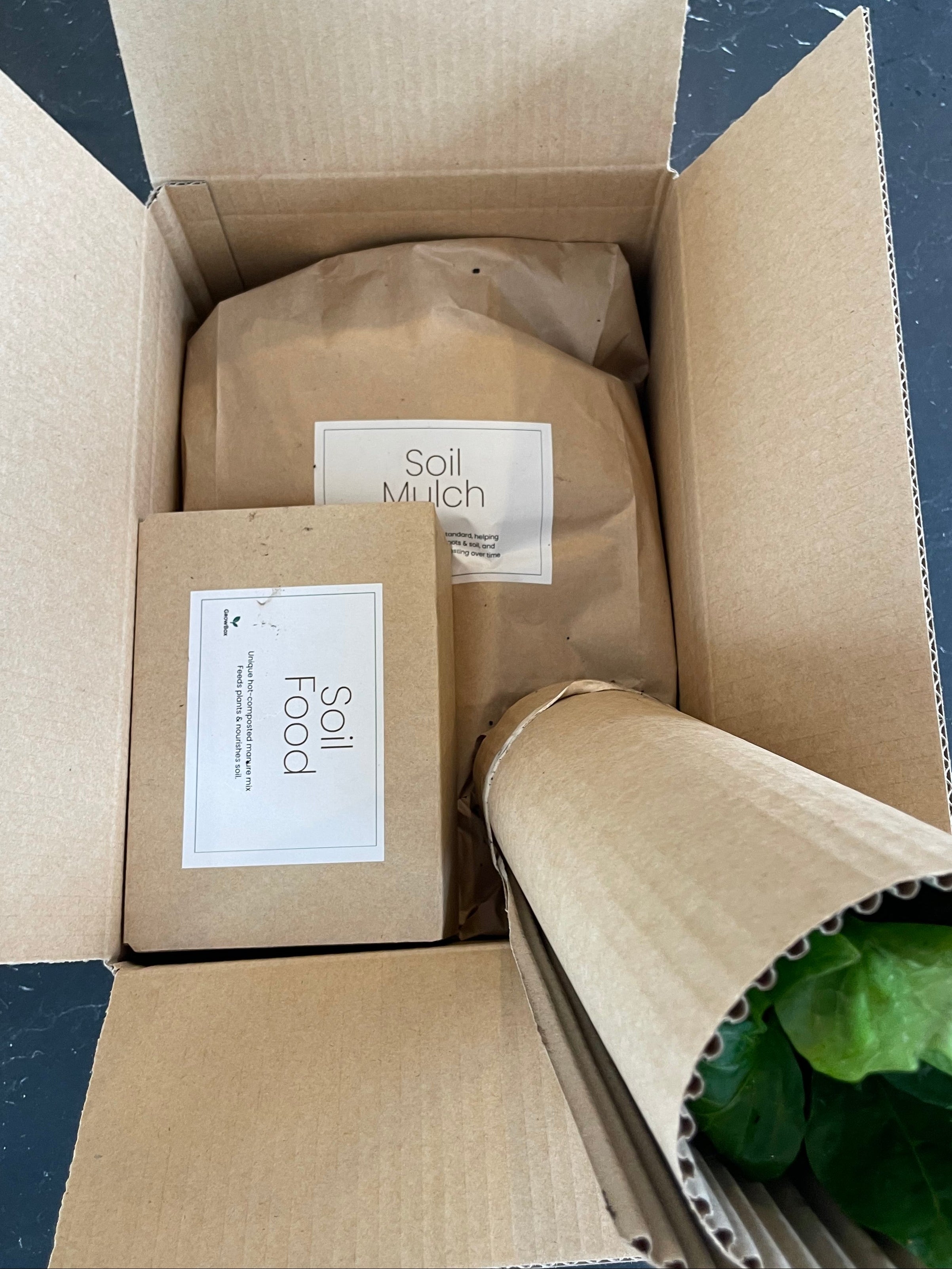 Open cardboard box containing bags labeled 'Soil Food' with a small container of green plants on top.