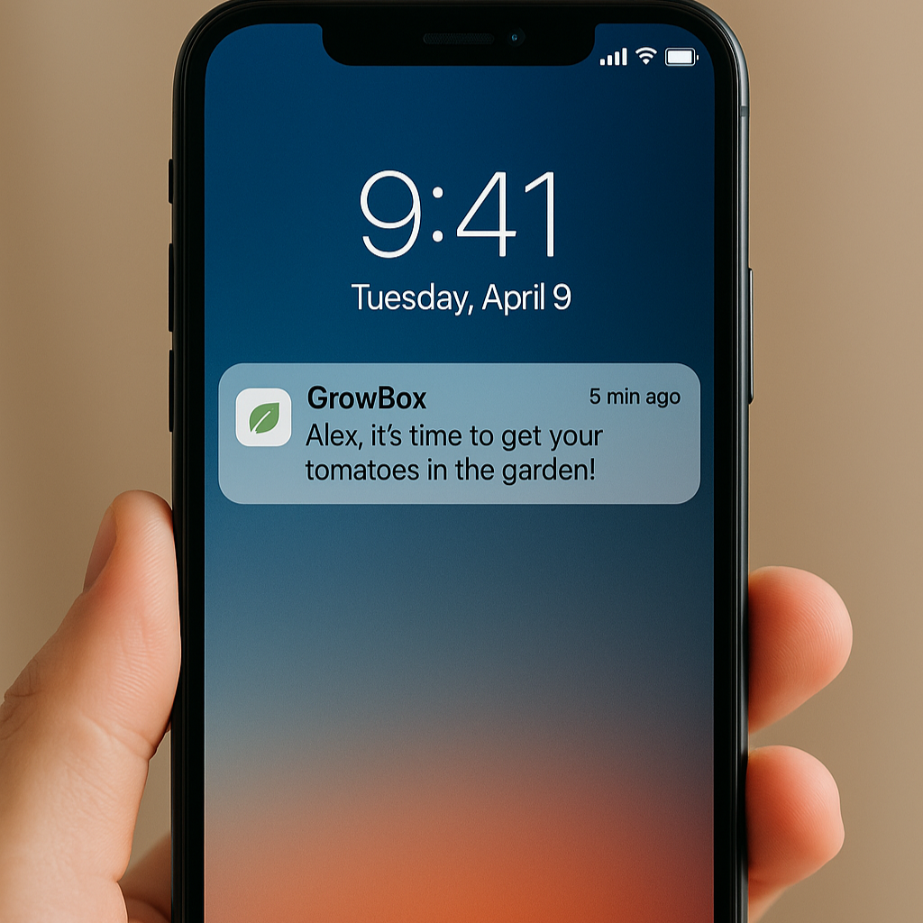 Hand holding a smartphone with a notification from GrowBox on the screen