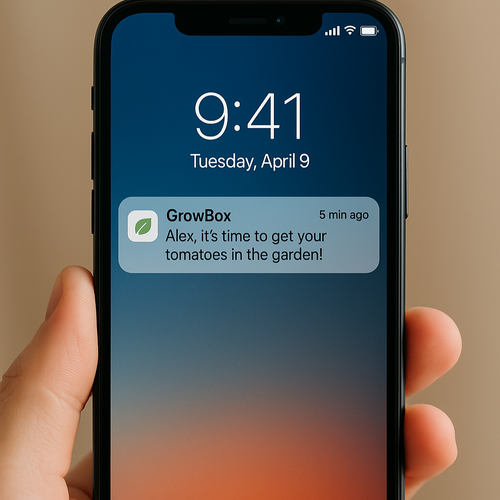 Hand holding a smartphone with a notification from GrowBox on the screen